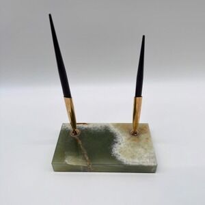 Vintage 1970's Sheaffer Desk Pen Set Green Onyx Marble Double Base Gold Trim